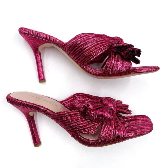 Loeffler Randall Claudia Mules Pleated Fuchsia Metallic Heels Bow Sandals Sz 7.5 - Picture 6 of 13